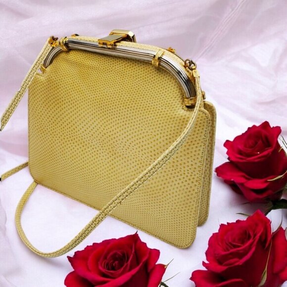 JUDITH LEIBER Vntg Art Deco Two-Tone Beige Karung Snakeskin Purse Excellent Cond - Picture 3 of 6